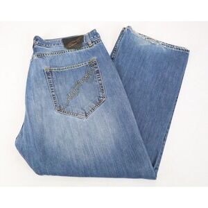 Vintage‎ Y2K Ed Hardy Sz 44x34 Logo Distressed Blue Denim Jeans Spell Out